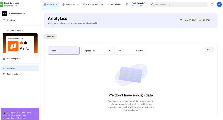 Creatopy
			 dashboard sidebar navigation analytics dashboard data analysis data display data filtering empty state message sidebar date picker data visualization monitoring analytics ui page example