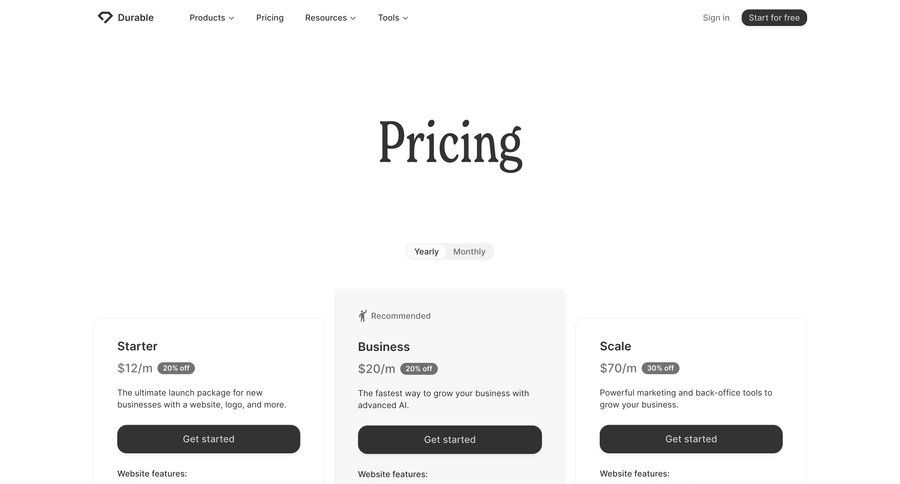 Durable
				plans & pricing ui page example