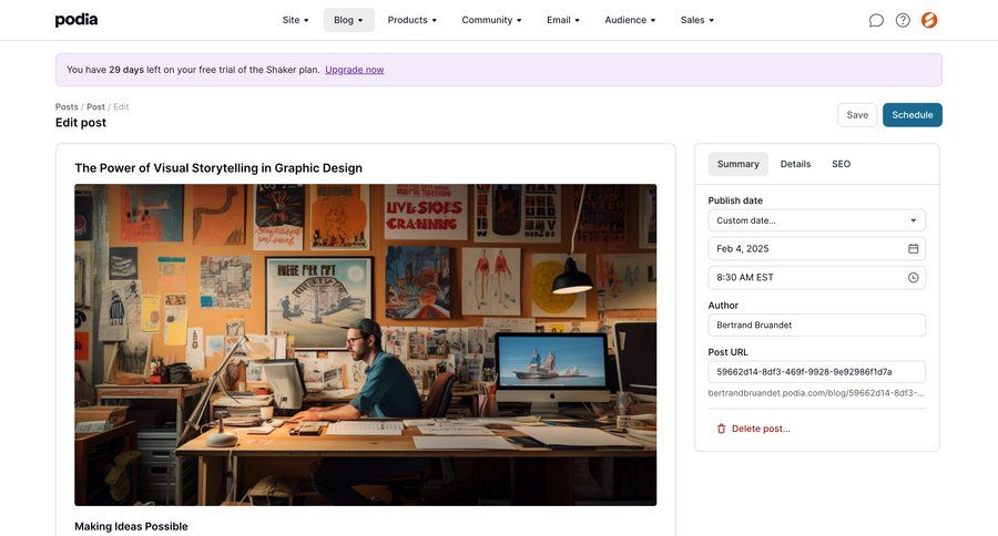 Podia
			 content management e-commerce blog management content scheduling date picker blog post article edit mode ui page example