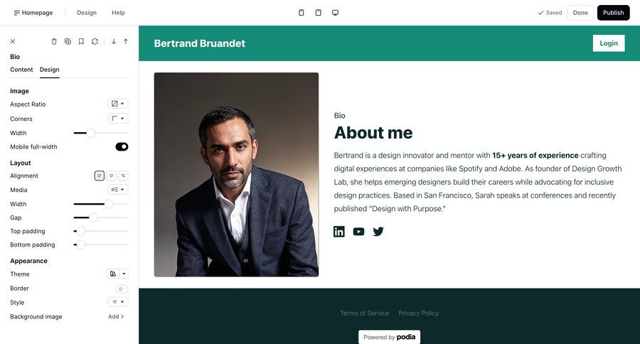 Podia
			 content management editor design content management system sidebar profile page profile creation ui page example