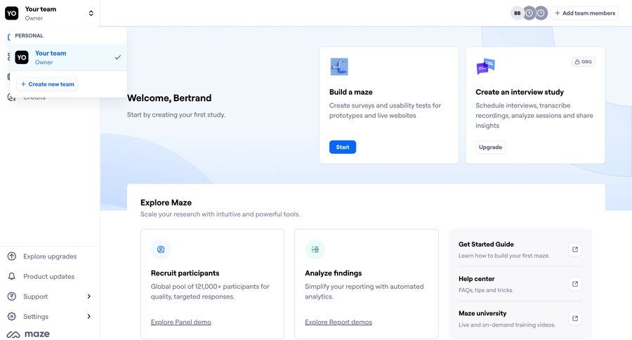 Maze
			 team collaboration dashboard sidebar navigation onboarding user research data analysis team workspace sidebar menu product update modern ui page example