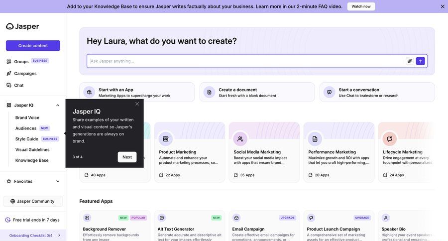 Jasper
			 dashboard artificial intelligence onboarding content recommendation create ui page example