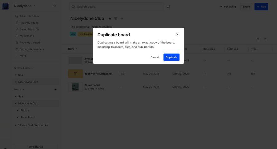 Air
			 modal screen collaboration project management grid file management file organization task completion hierarchical navigation confirmation message ui page example