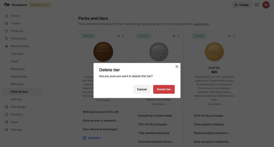 Fourthwall
			 settings e-commerce account management confirmation modal dialog confirmation screen full-screen layout sidebar confirmation message ui page example