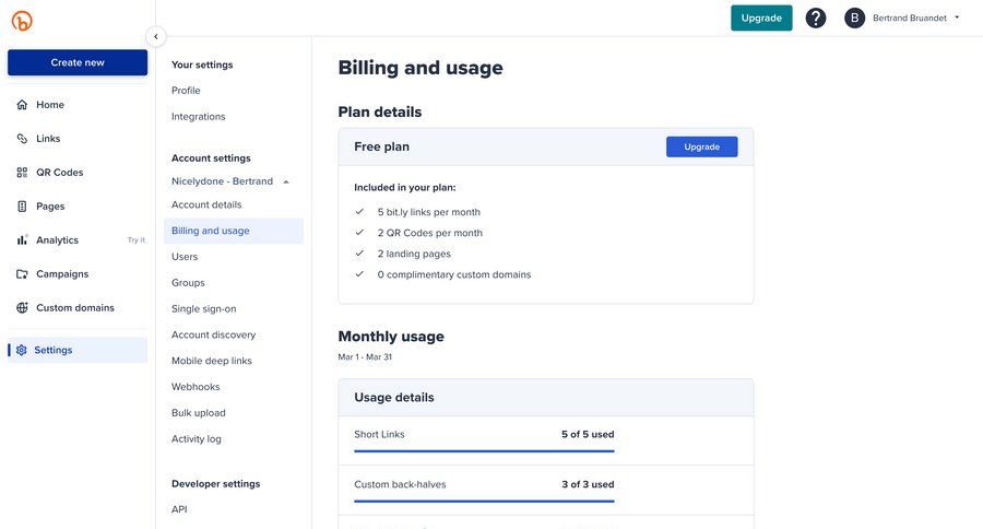Bitly
			billing settings settings dashboard sidebar navigation account management progress indicator account settings payment method free plan payment history billing history bulk upload progress bar ui page example