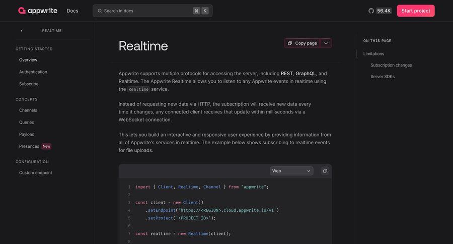 Appwrite
			help api developers section documentation developer portal ui page example