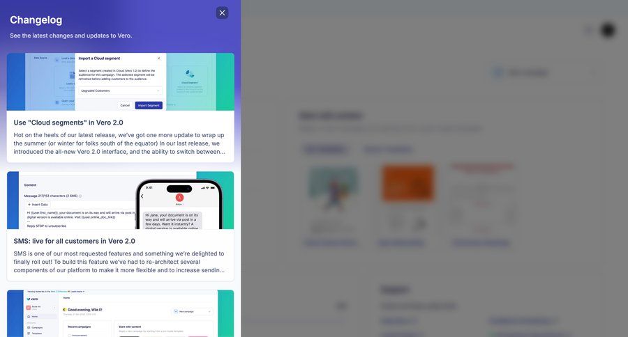 Vero
			changelog (product) modal screen onboarding rounded corners data import communication product update changelog update modern connect service ui page example