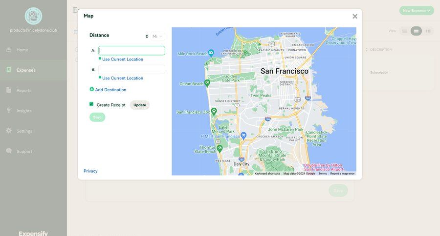 Expensify
			maps modal screen form finance expense management maps interactive map location map world map route map keyboard shortcuts map view ui page example