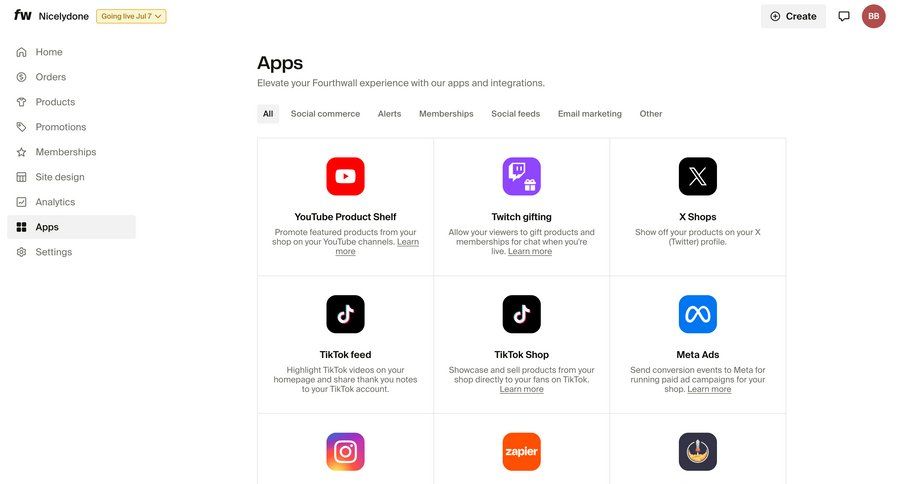 Fourthwall
			 e-commerce grid automation integration setup integration card layout ui page example