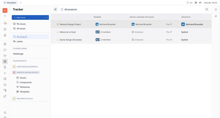 Huly
			 task management team collaboration dashboard sidebar navigation project management grid onboarding project setup issue tracking project creation menu table project dashboard ui page example