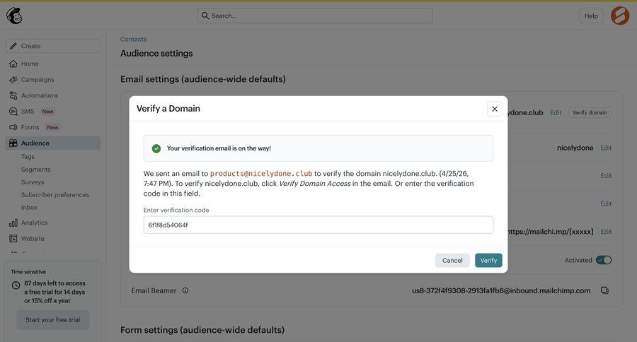 Mailchimp
			 configuration account settings instructions data entry message ui page example