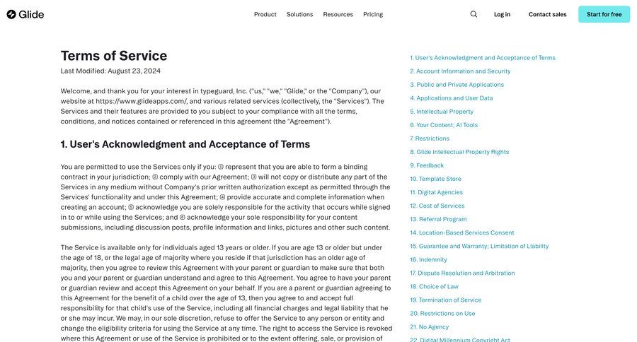 Glide
				terms & conditions ui page example
