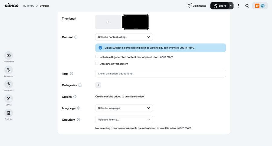 Vimeo
			 content management settings form tagging credits sidebar ui page example