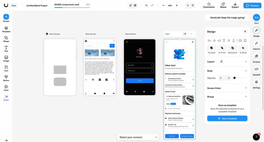 Uizard
			design editor collection settings sidebar navigation design payment method sidebar progress bar modern option menu ui page example