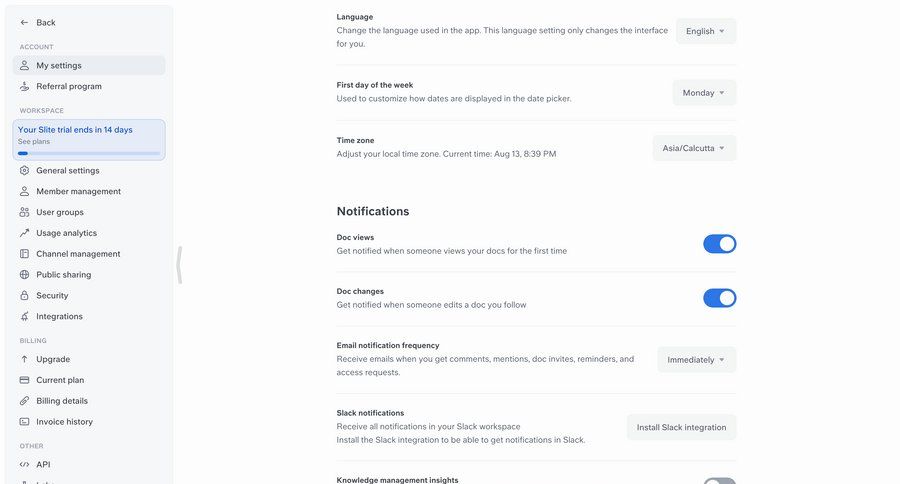 Slite
			 configuration settings account settings notification settings ui page example