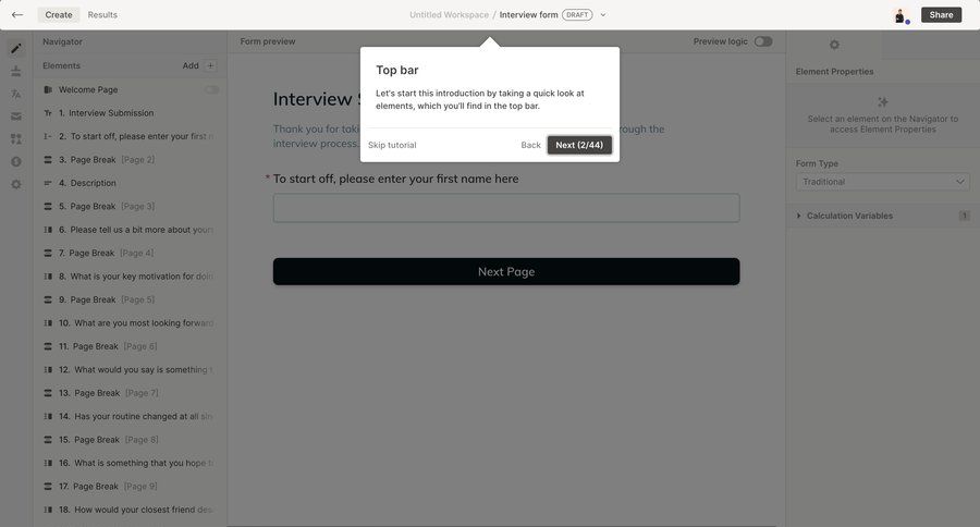 QuestionScout
			 onboarding split view onboarding modal form building sidebar navigation buttons ui page example