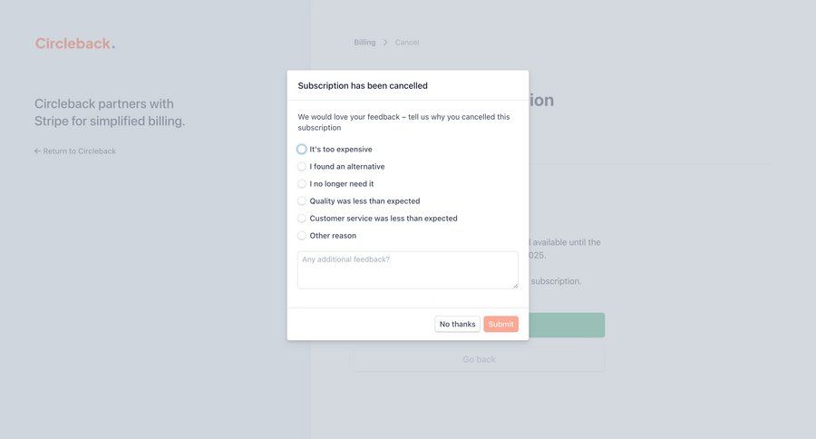 Circleback
			 account management form subscription management feedback collection ui page example