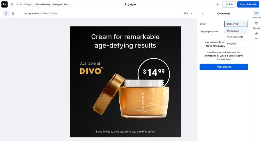 Creatopy
			share content editor comments & reactions design feedback collection sidebar version control ui page example