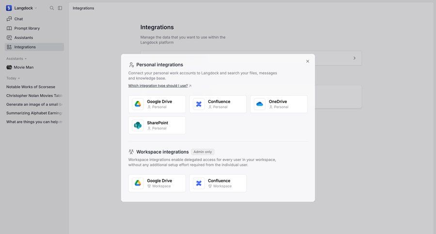Langdock
			 settings data management integration integration setup workspace integrations ui page example