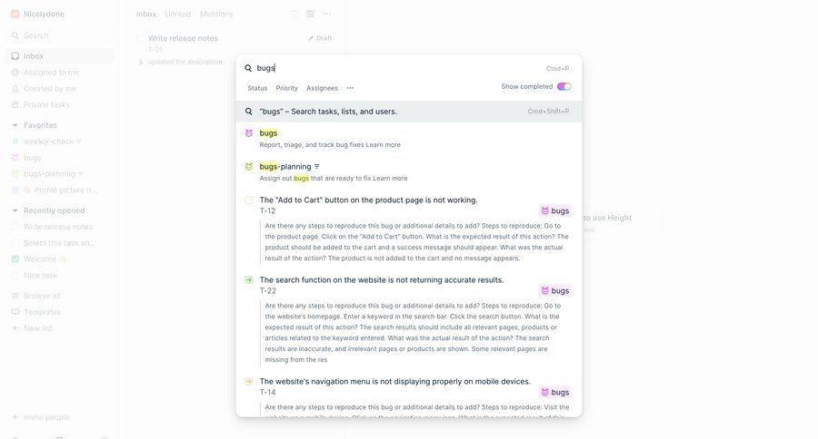 Height
			 task management project management issue tracking inbox research search bar search results command k ui page example