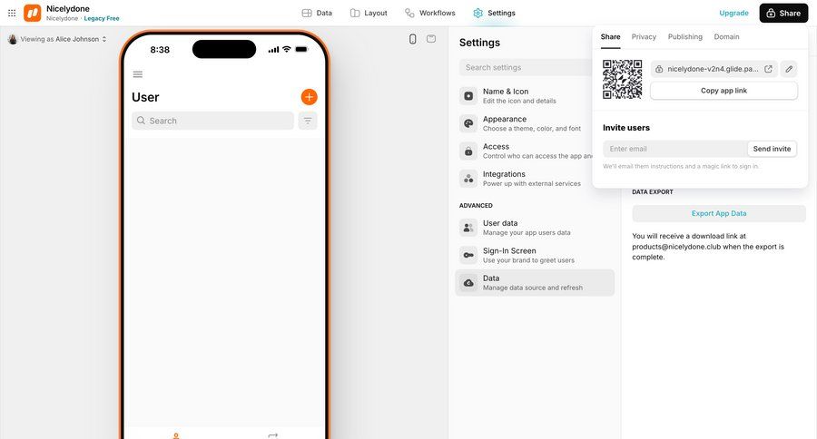 Glide
			settings share invite teammate data management settings data export user invitation sharing ui page example