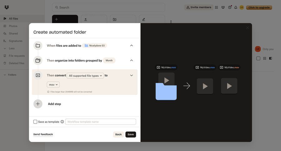 Dropbox
			 configuration form automation workflow builder file management workflow automation file organization workflow steps radio group create setup cards ui ui page example