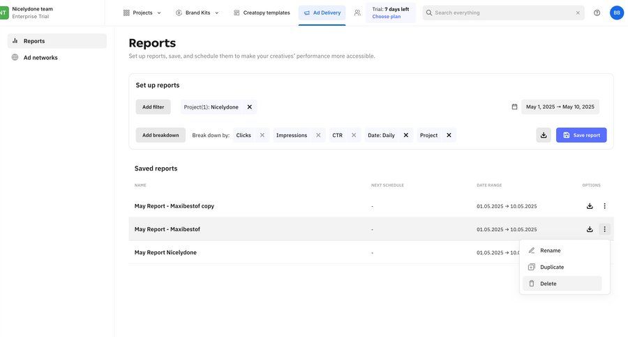 Creatopy
			 dashboard sidebar navigation delete data export data analysis menu data visualization download table duplicate analytics ui page example