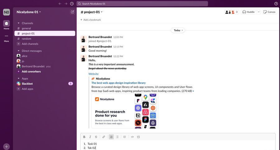Slack
			 collaboration sidebar navigation project collaboration task communication sidebar communication menu chat interface modern ui page example