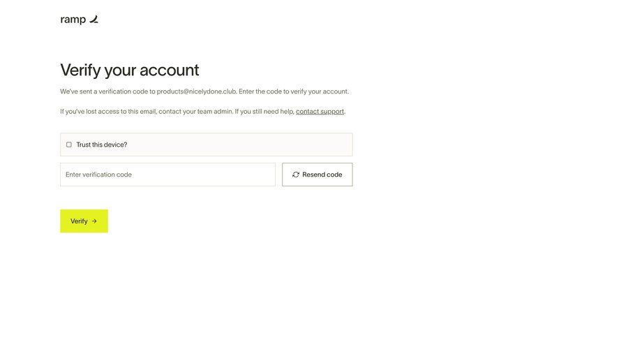 Ramp
			multi-factor authentication (mfa) account management form account setup finance user authentication account security authentication email verification security mfa ui page example
