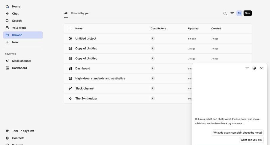Dovetail
			 trial banner document list chat interface ui page example