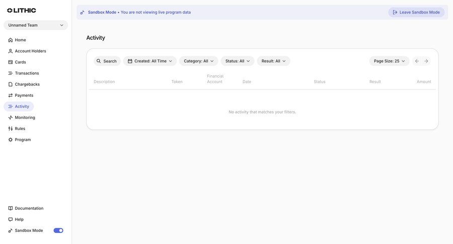 Lithic
			settings list filters activity feed transaction history ui page example