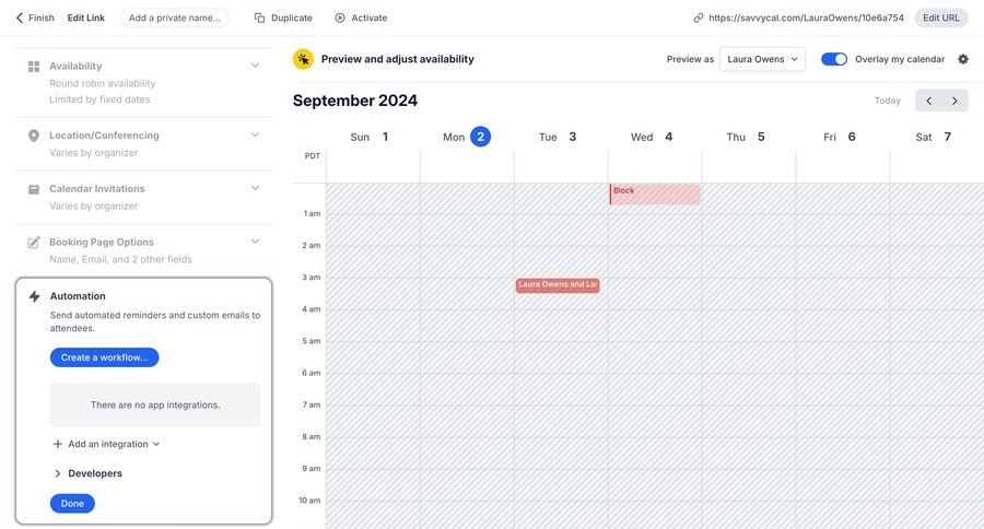 SavvyCal
			 configuration automation delete automation setup calendar screen send invitation sidebar modern accordion duplicate time management ui page example