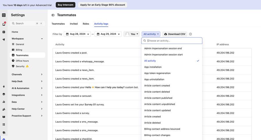 Intercom
			 settings team collaboration sidebar navigation account management data export user activity activity tracking bulk delete bulk archive dropdown filters sidebar date picker menu download table contextual help ui page example