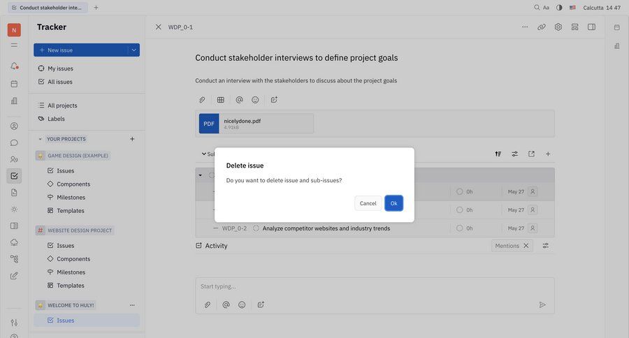 Huly
			 task management sidebar navigation project management delete confirmation confirmation screen sidebar confirmation message ui page example