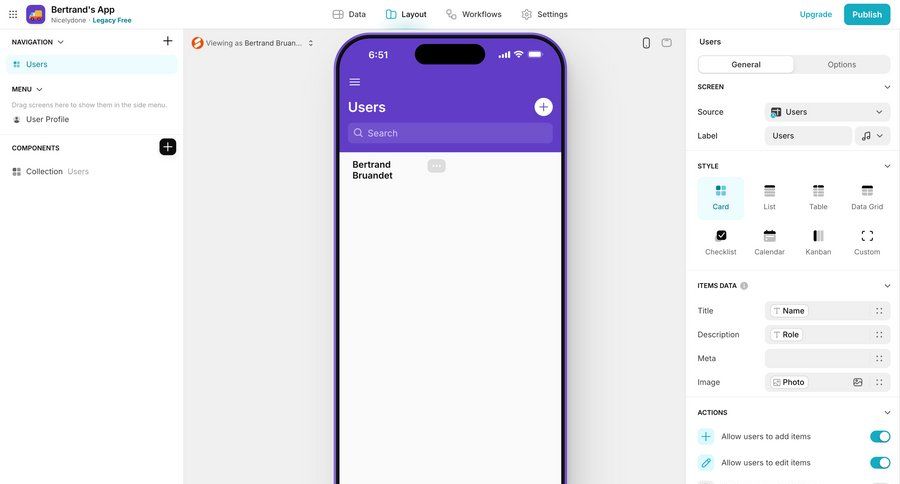 Glide
			 data management settings style customization user data sidebar menu table configuration screen ui page example