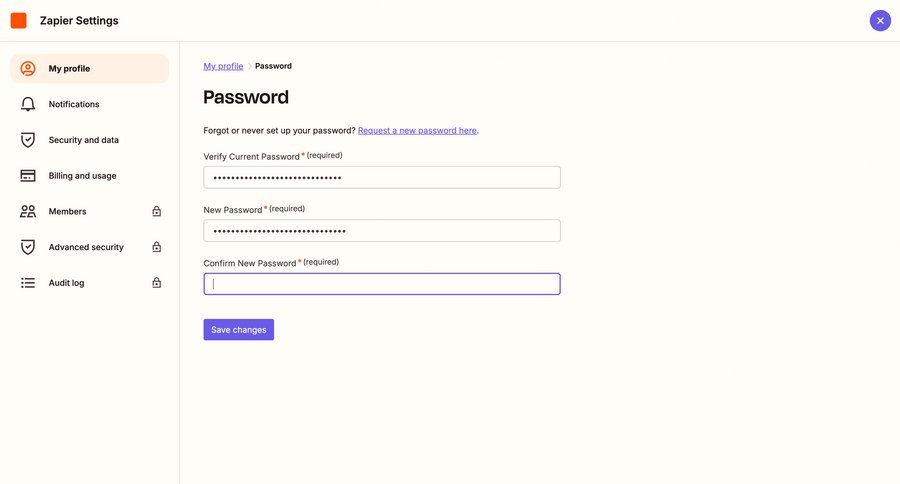 Zapier
			profile settings form account settings security settings settings sidebar navigation onboarding form account setup confirmation password management full screen modal sidebar security change password ui page example