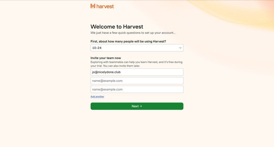 Harvest
				onboarding page example