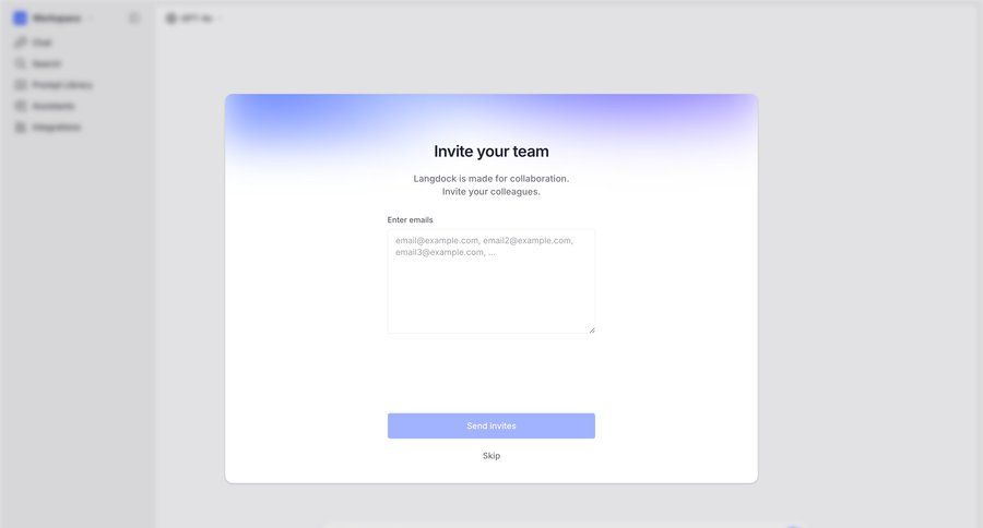Langdock
			 collaboration team collaboration onboarding form send invitation setup on boarding ui page example