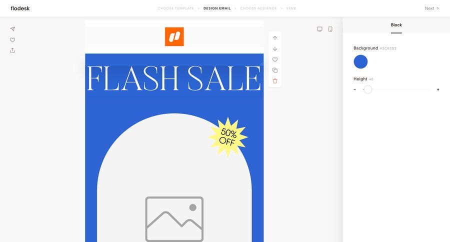 Flodesk
			 e-commerce editor design full-screen layout drag and drop wysiwyg announcement campaign creation ui page example