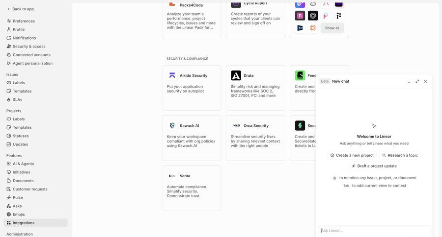 Linear
			messaging modal & popover integrations artificial intelligence b2b saas ui page example