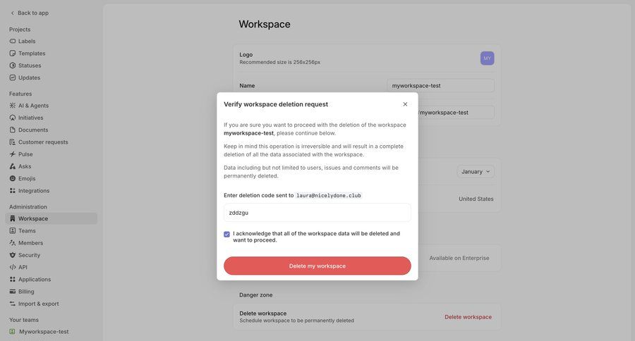 Linear
			 email verification workspace settings account deletion ui page example