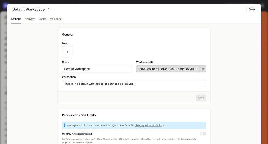 Mistral
			 workspace settings modal dialog organization management ui page example