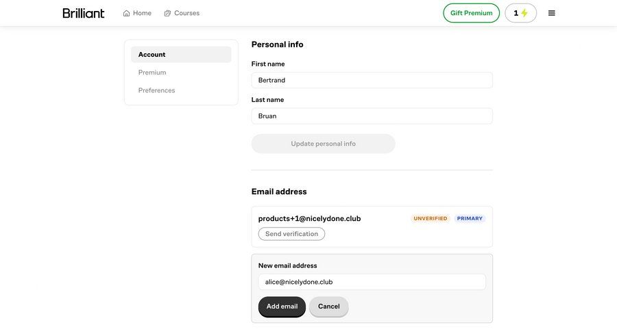 Brillant
			 settings account management form data export account settings email verification alert change password ui page example