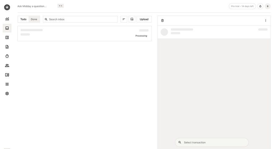 Midday
			 task management dashboard sidebar navigation grid onboarding form delete file upload inbox management inbox sidebar menu search bar ui page example