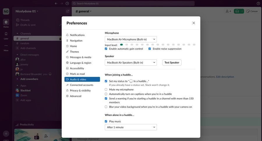 Slack
			 sidebar preferences settings form sidebar navigation communication configuration radio group audio configuration ui page example