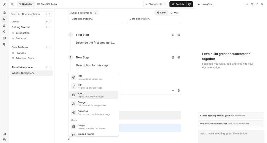 Documentation.AI
			 collaboration sidebar navigation editor right sidebar content management system hierarchical navigation sidebar alert chat navigation bar menu documentation tip modern version control ui page example