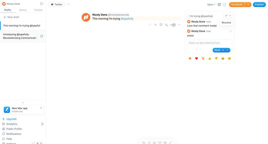 Typefully
			 content management settings team collaboration sidebar navigation modal interaction schedule content scheduling sidebar create communication menu analytics approval workflow ui page example