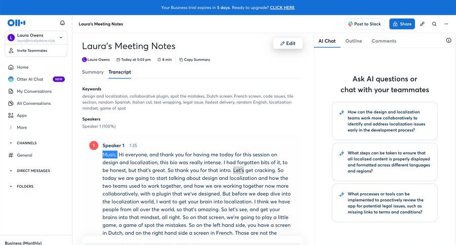 Otter
			 collaboration sidebar navigation reviewing meeting transcript right sidebar call transcript sidebar communication chat menu tips tip chat interface modern review meeting transcript localization sharing ui page example