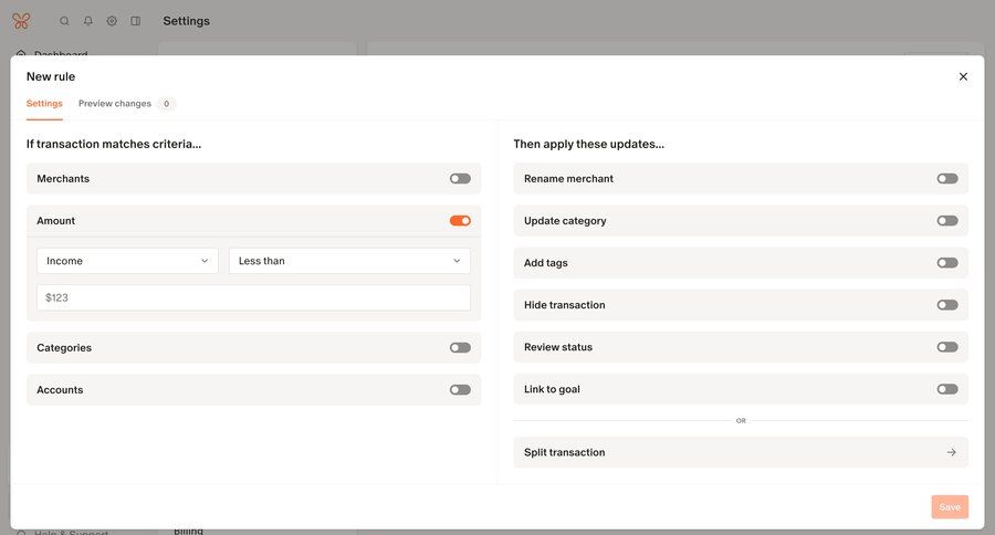 Monarch
			 modal screen configuration settings form automation finance conditional logic parameters rule engine ui page example