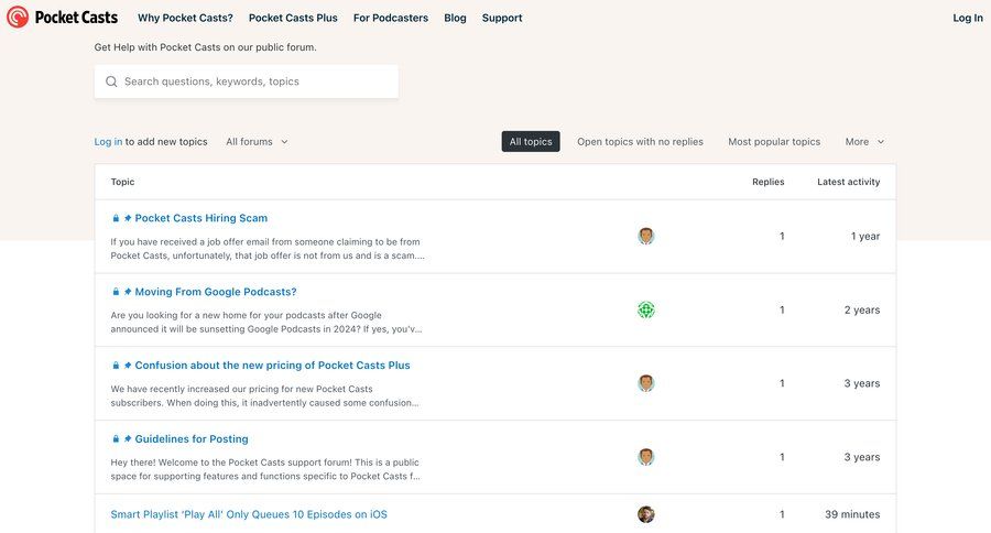 Pocket Casts
				support / help center ui page example